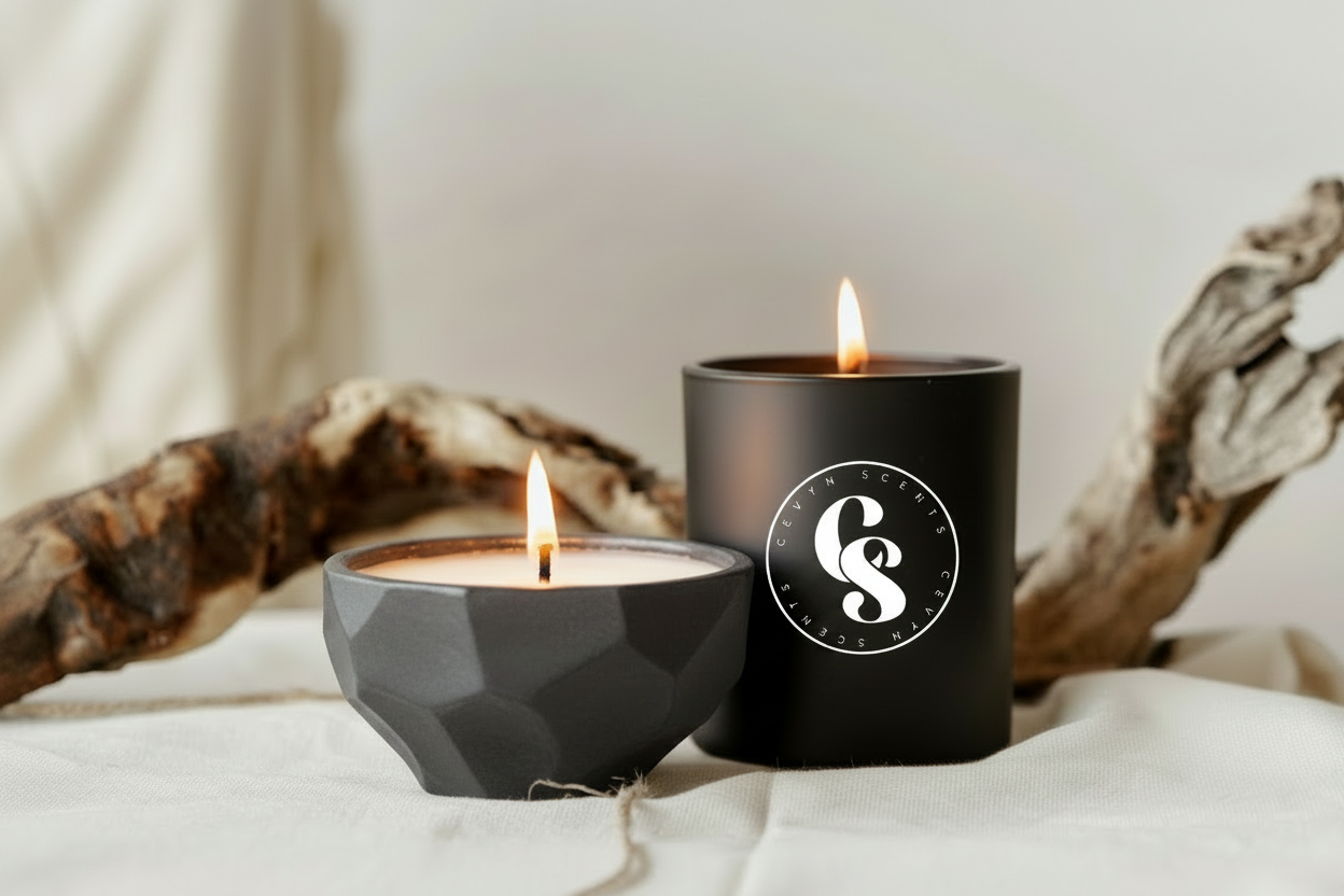 Two lit candles styled on a white fabric surface with driftwood props: a faceted gray candle holder and a matte black cylindrical candle with a white circular logo reading 'CS' and 'Cevyn Scents.'